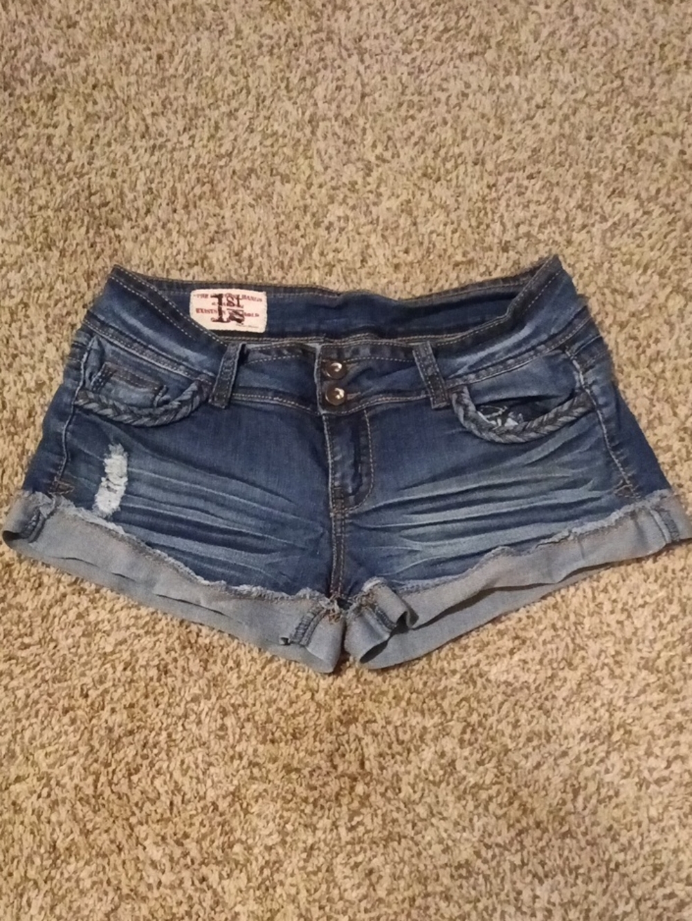 Juniors 1st Kiss Dark Blue Denim Womens Short Shorts with Distressed Detail